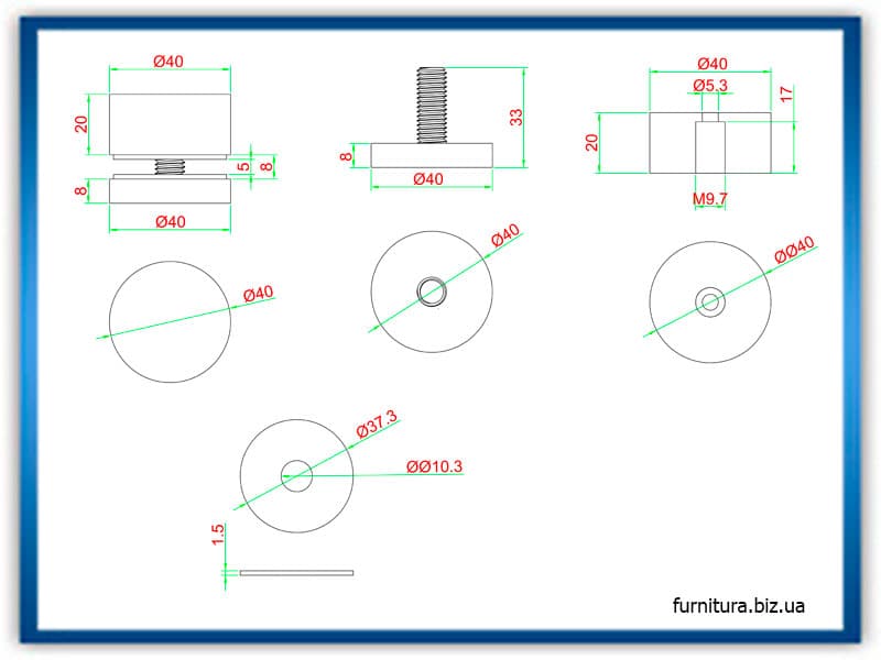Характеристики точечного держателя для стекла D 40 мм, дистанция 20 мм